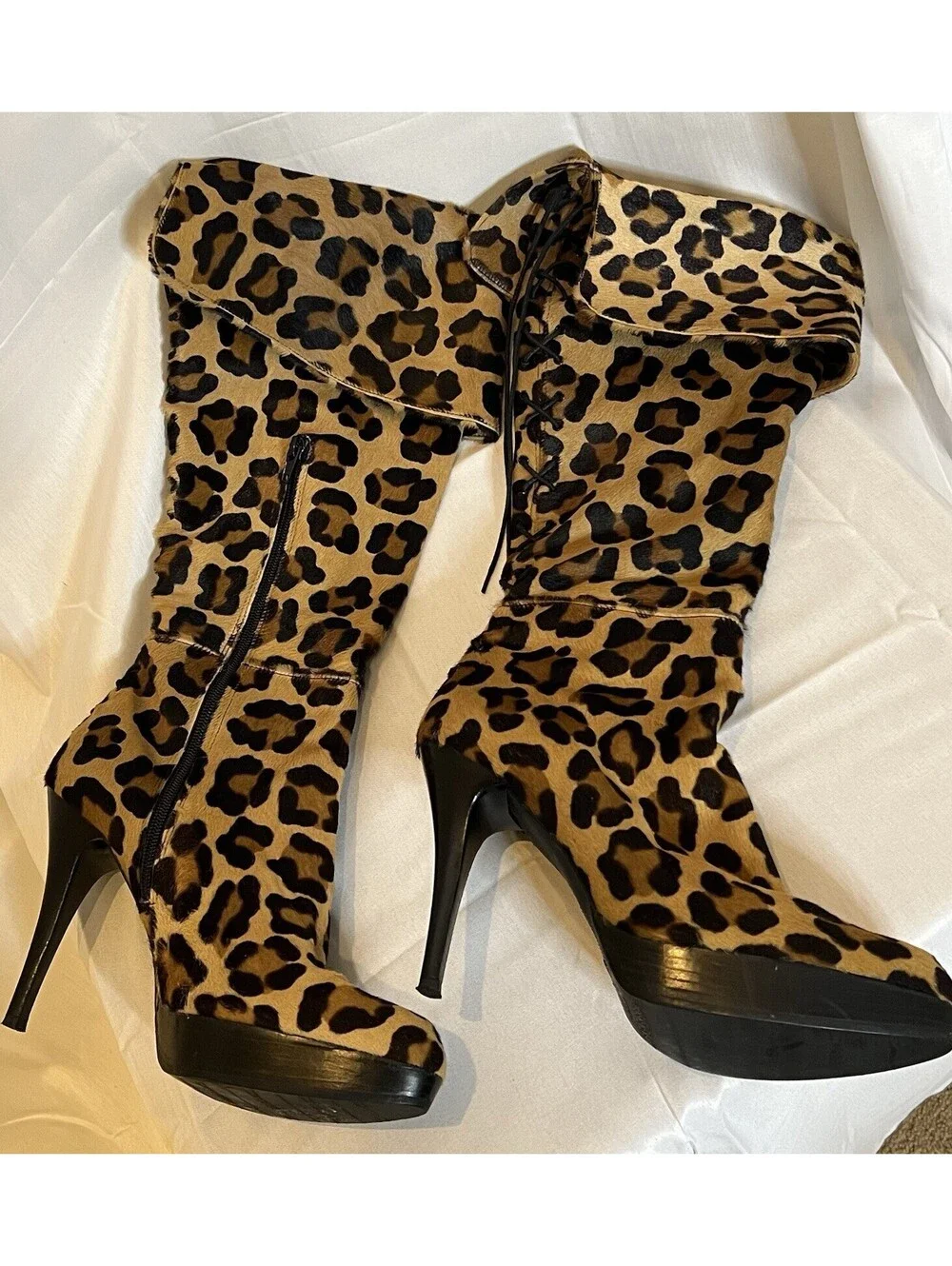 Stuart Weitzman Leopard Calf Hair Platform Knee High Boots Women’s 9.5 NWOT.